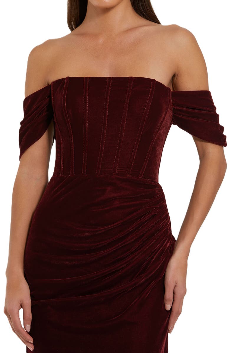 Mac Duggal Off the Shoulder Velvet Bustier Gown, Alternate, color, Wine
