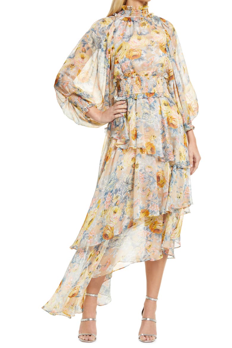 Astrid Floral Print Long Sleeve Asymmetric Chiffon Dress, Main, color, BEIGE MULTI