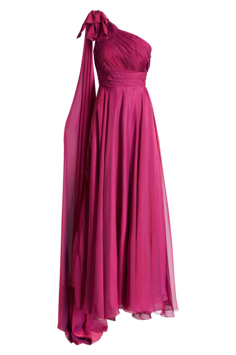 One Shoulder Pleated Chiffon Gown with Draped Waist and High Slit, Alternate, color, RASPBERRY