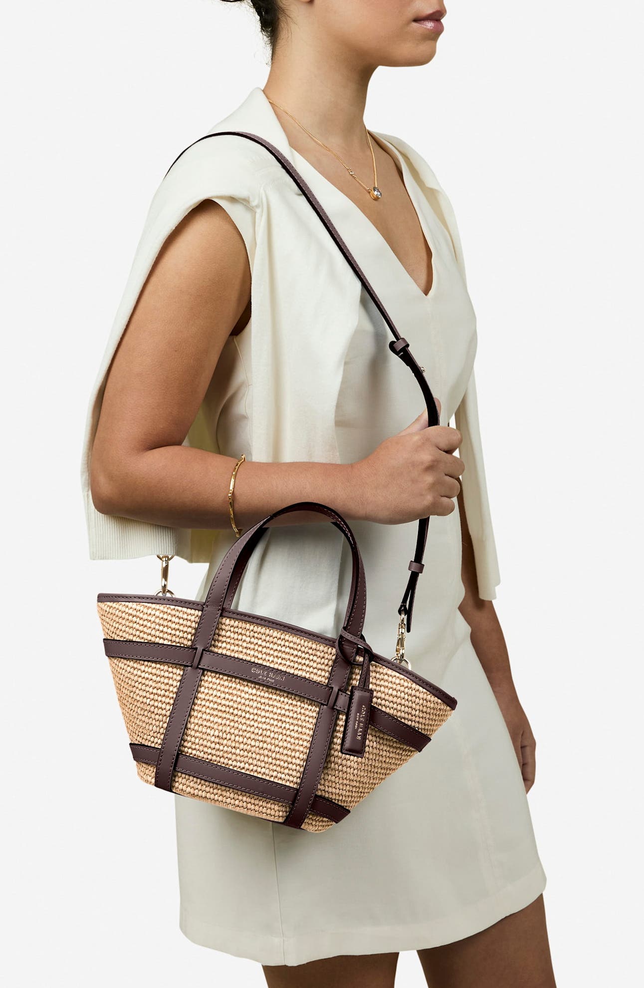 Cole Haan Key West Crossbody Tote, Alternate, color, Natural Raffia/ Dk. Chocolate