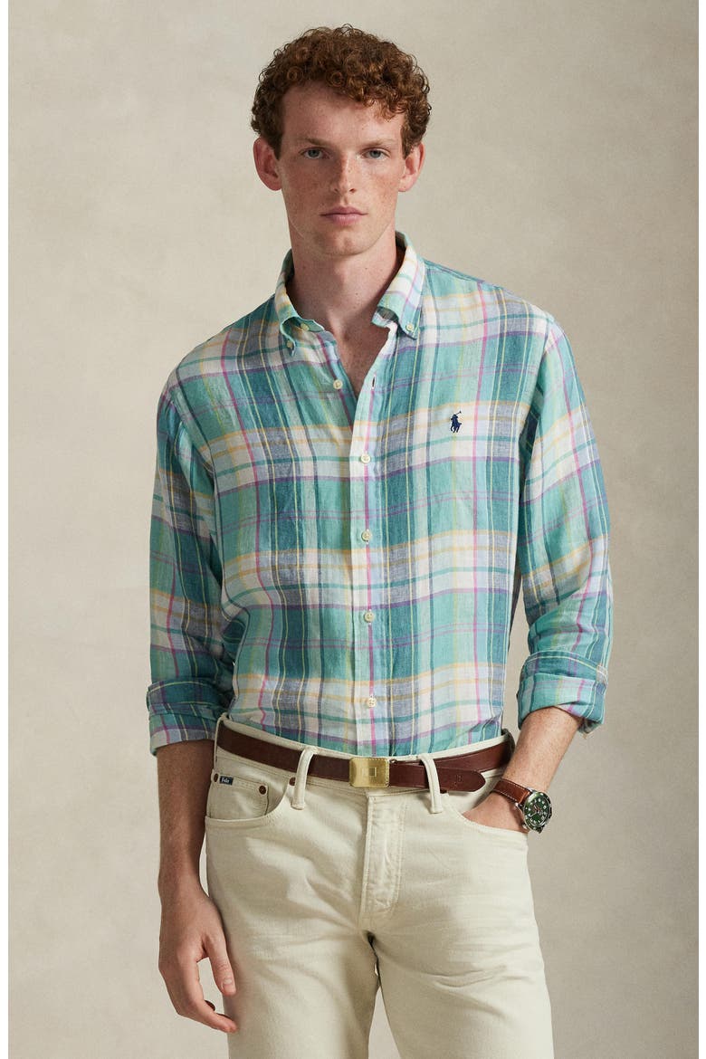Classic Fit Plaid Linen Button-Down Shirt, Alternate, color, GREEN BLUE WHITE