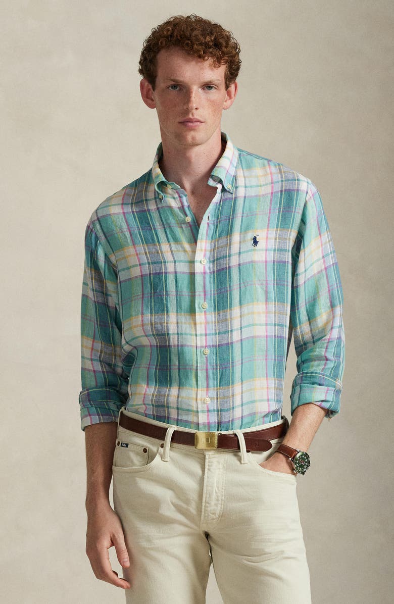 Polo Ralph Lauren Classic Fit Plaid Linen Button-Down Shirt, Alternate, color, Green Blue White