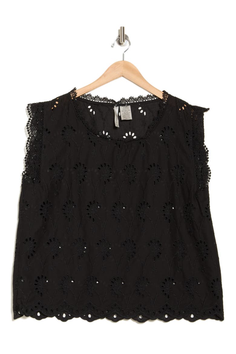 Lace Trim Embroidered Eyelet Blouse, Alternate, color, BLACK