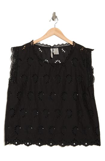 Forgotten Grace Lace Trim Embroidered Eyelet Blouse In Black