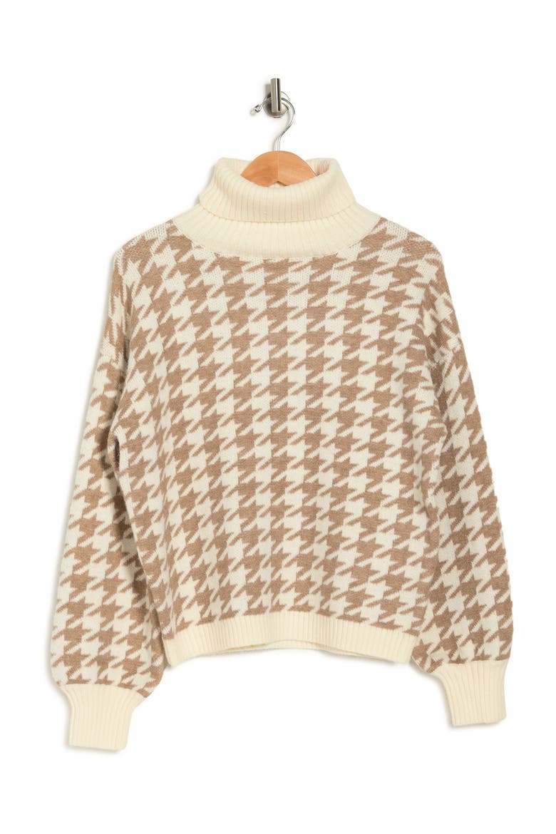 Houndstooth Turtleneck Pullover Sweater, Alternate, color, CAMEL/IVORY