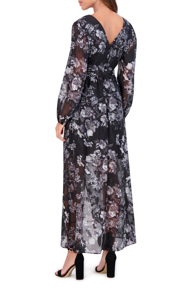 Floral Metallic Stripe Long Sleeve Faux Wrap Midi Dress, Alternate, color, BLACK MULTI