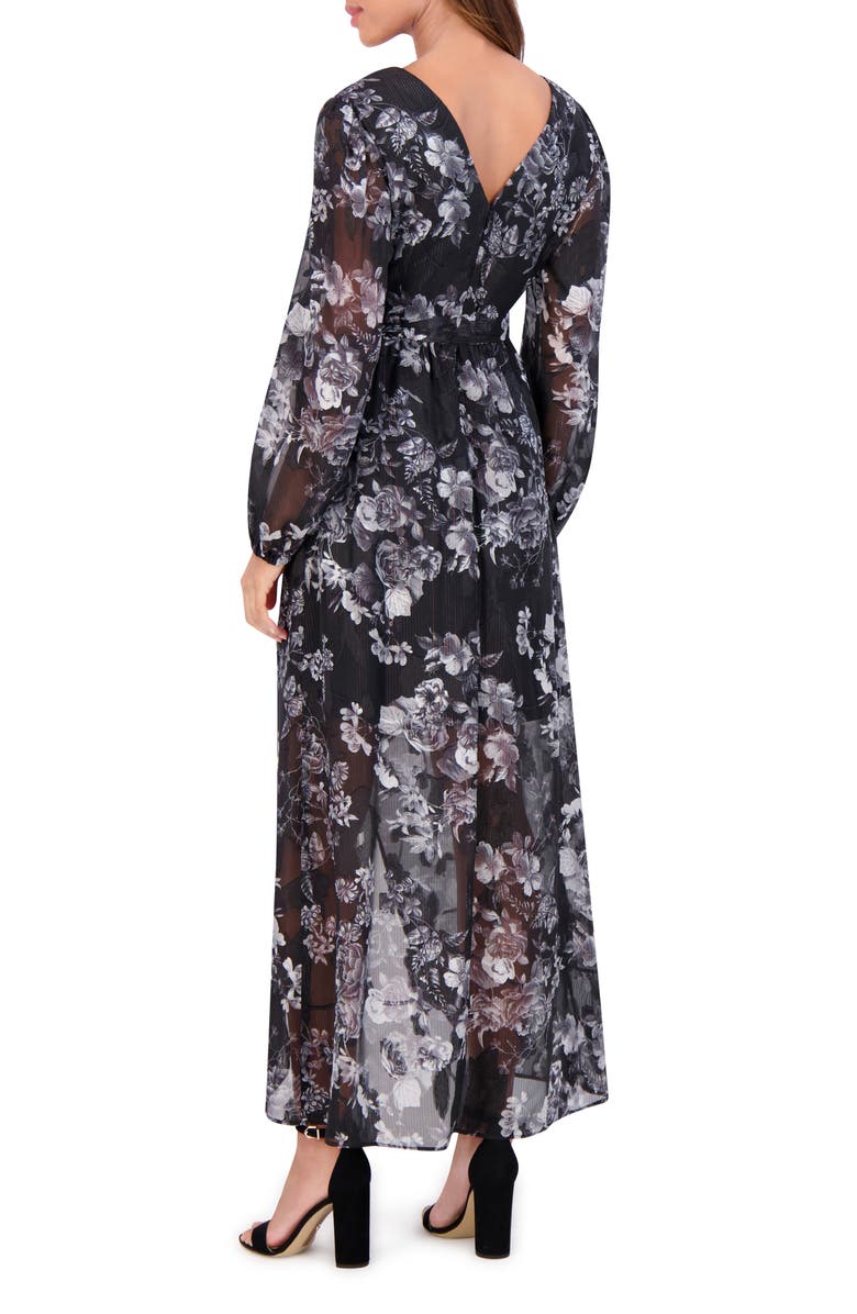 Siena Floral Metallic Stripe Long Sleeve Faux Wrap Midi Dress, Alternate, color, Black Multi