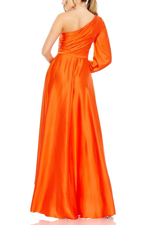 Mac Duggal Single Long Sleeve Pleated Bodice High Low Gown In Orange