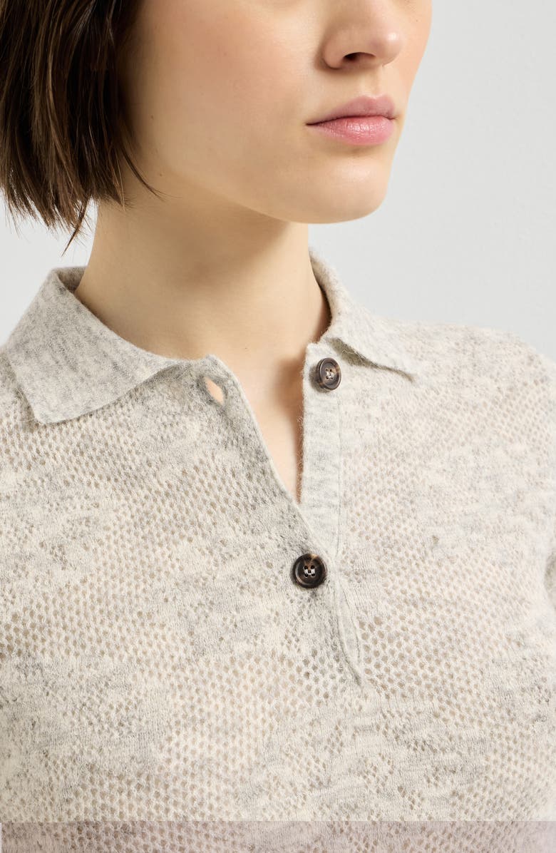 Brunello Cucinelli Silk, alpaca and wool flower lace knit polo, Alternate, color, Fog