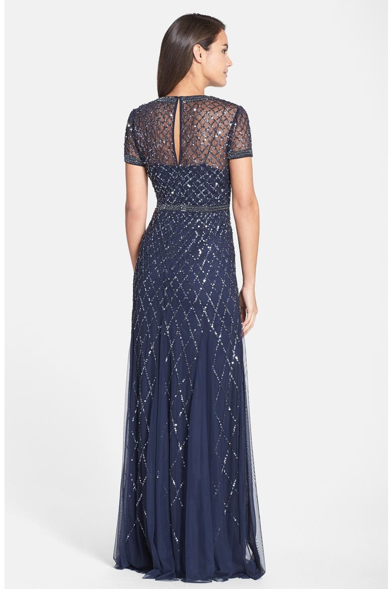 Beaded Mesh Gown, Alternate, color, NAVY