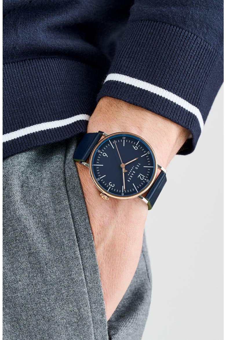 Phylipa Gents Recycled Stainless Steel Leather Strap Watch, 41mm, Alternate, color, BLUE