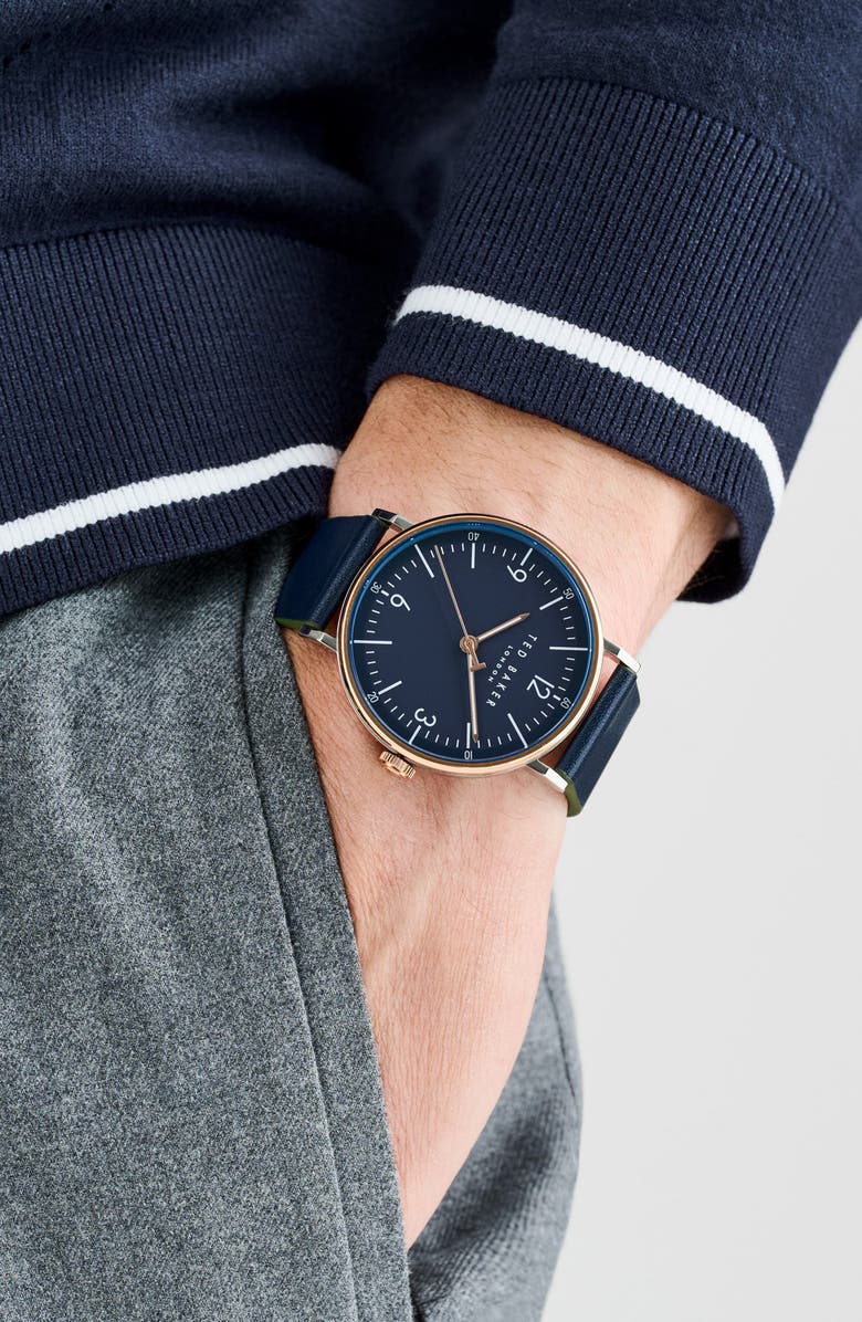 Ted Baker Phylipa Gents Recycled Stainless Steel Leather Strap Watch, 41mm, Alternate, color, Blue