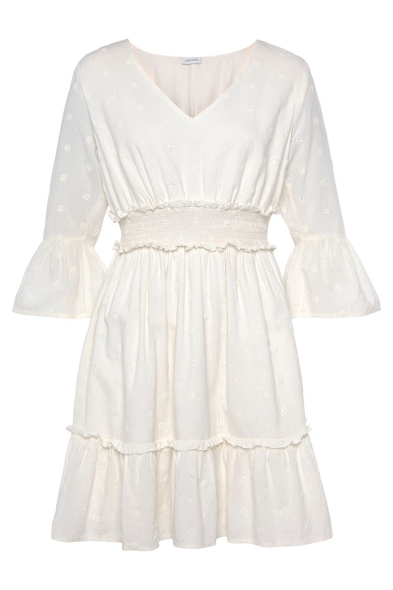 Eyelet Detail V-Neck Dress, Alternate, color, White
