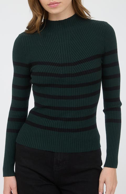 Stripe Mock Neck Rib Knit Top