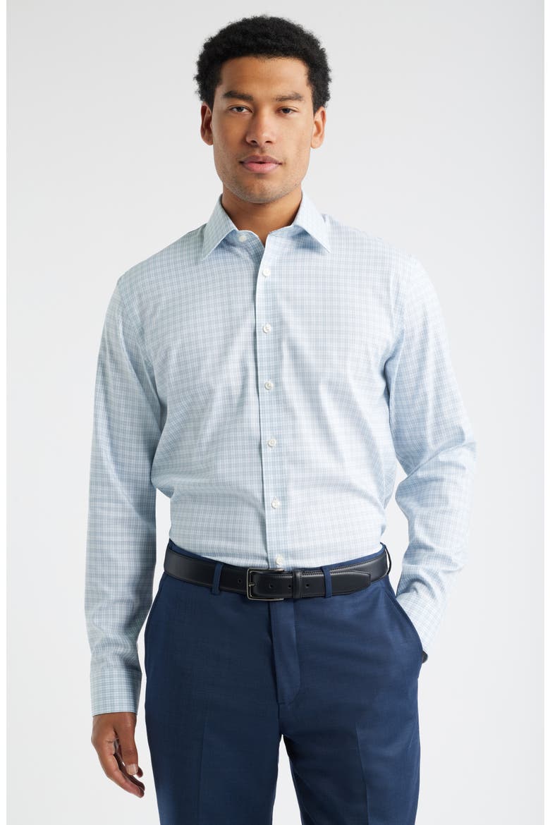 Trim Fit Plaid Premium Performance Dress Shirt, Main, color, BLUE PRESTON PLAID