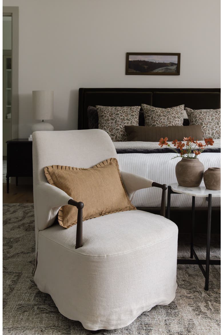 Foster | Brown Tan Pleated Ruffle Linen Stripe Pillow Cover, Alternate, color, Golden Brown