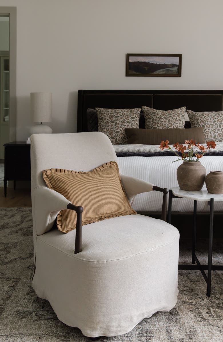 Linen & James Foster | Brown Tan Pleated Ruffle Linen Stripe Pillow Cover, Alternate, color, Golden Brown