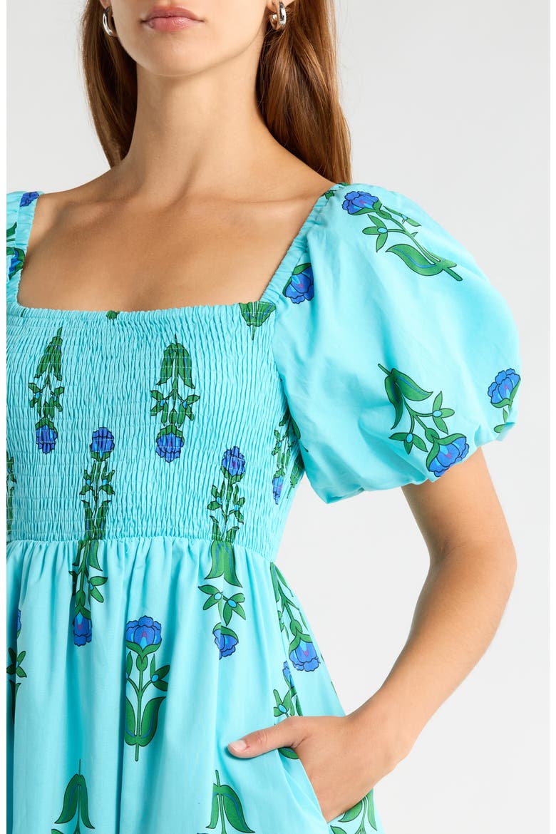Amena Floral Maray Smocked Cotton Midi Dress, Alternate, color, BLUE GREEN