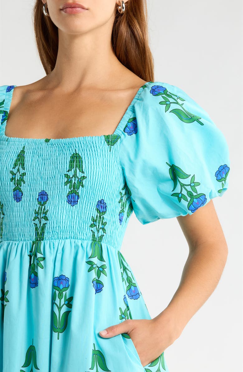 SUGARLIPS Amena Floral Maray Smocked Cotton Midi Dress, Alternate, color, Blue Green