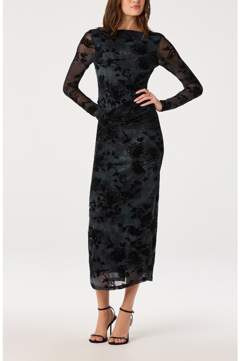 Syriah Floral Mesh Midi Dress, Alternate, color, BLACK BLUE FLORAL