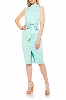 Mock Neck Belted Sheath Dress