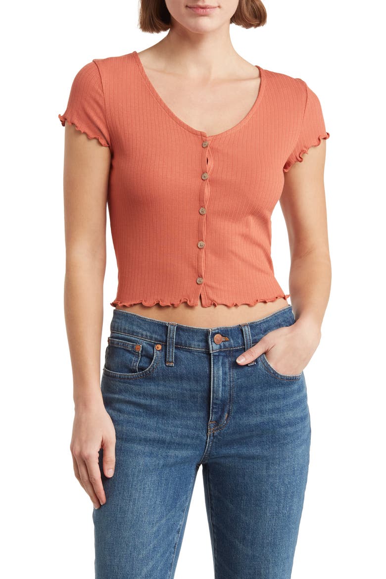 Rib Button Front V-Neck T-Shirt, Main, color, SALVAGED BARN