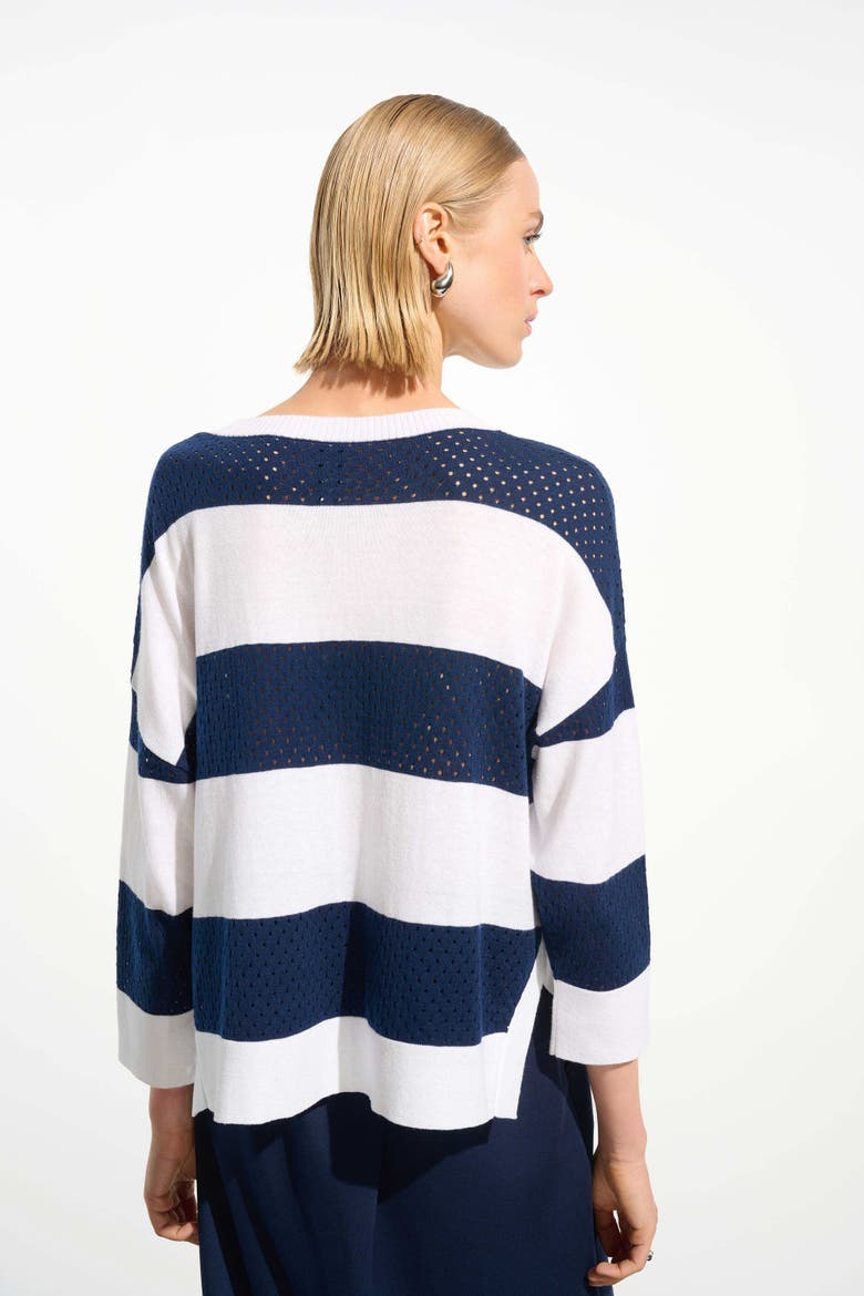 Cotton Blend Stripe Print Crewneck Sweater, Alternate, color, Vanilla/Indigo
