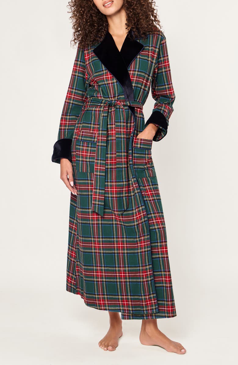 Petite Plume Kensington Tartan Cotton Twill Robe, Main, color, Green