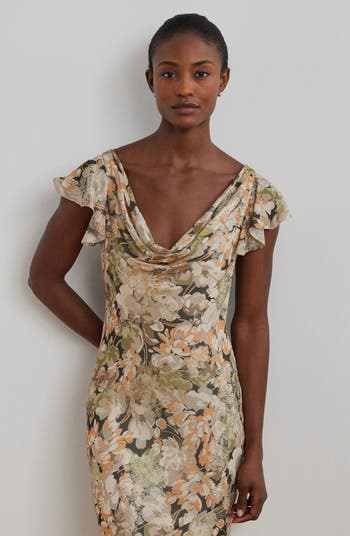 【Lauren Ralph Lauren】フローラル柄 メタリック ジャカード Lauren Ralph Lauren Metallic Floral Jacquard Cowl Neck Gown
