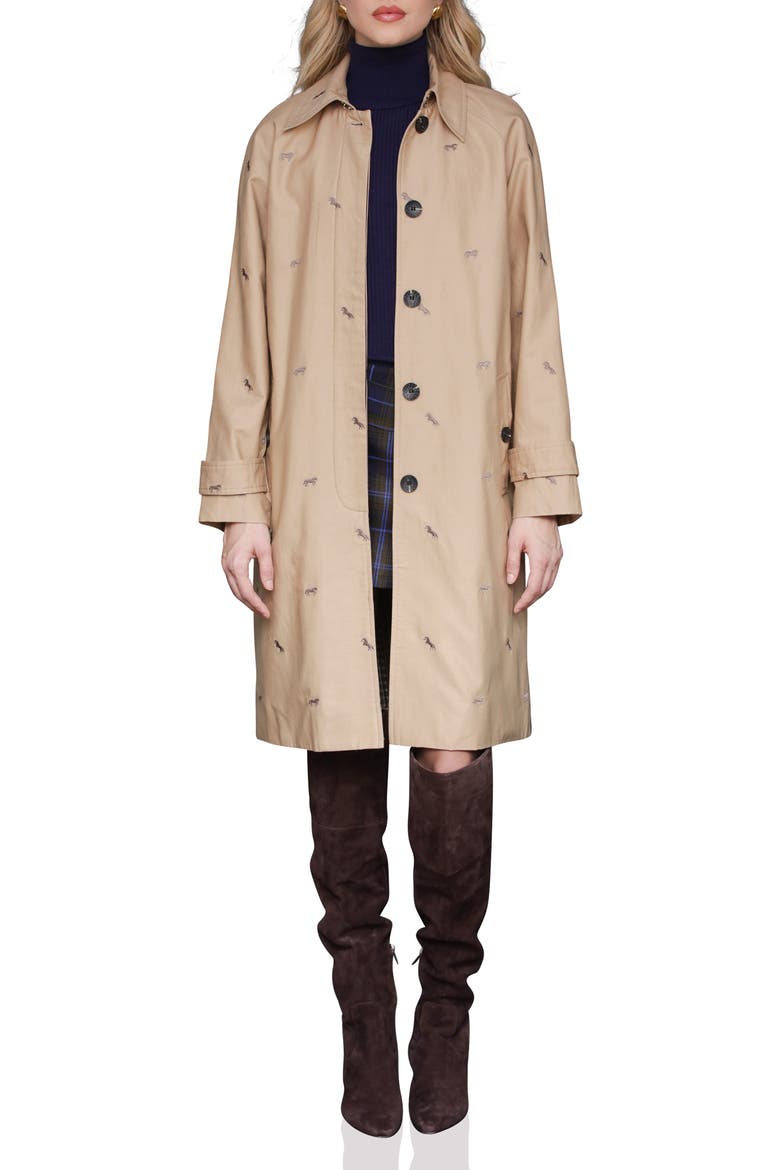 Equine Embroidered Cotton Blend Trench Coat, Main, color, KHAKI-ESPRESSO HORSE