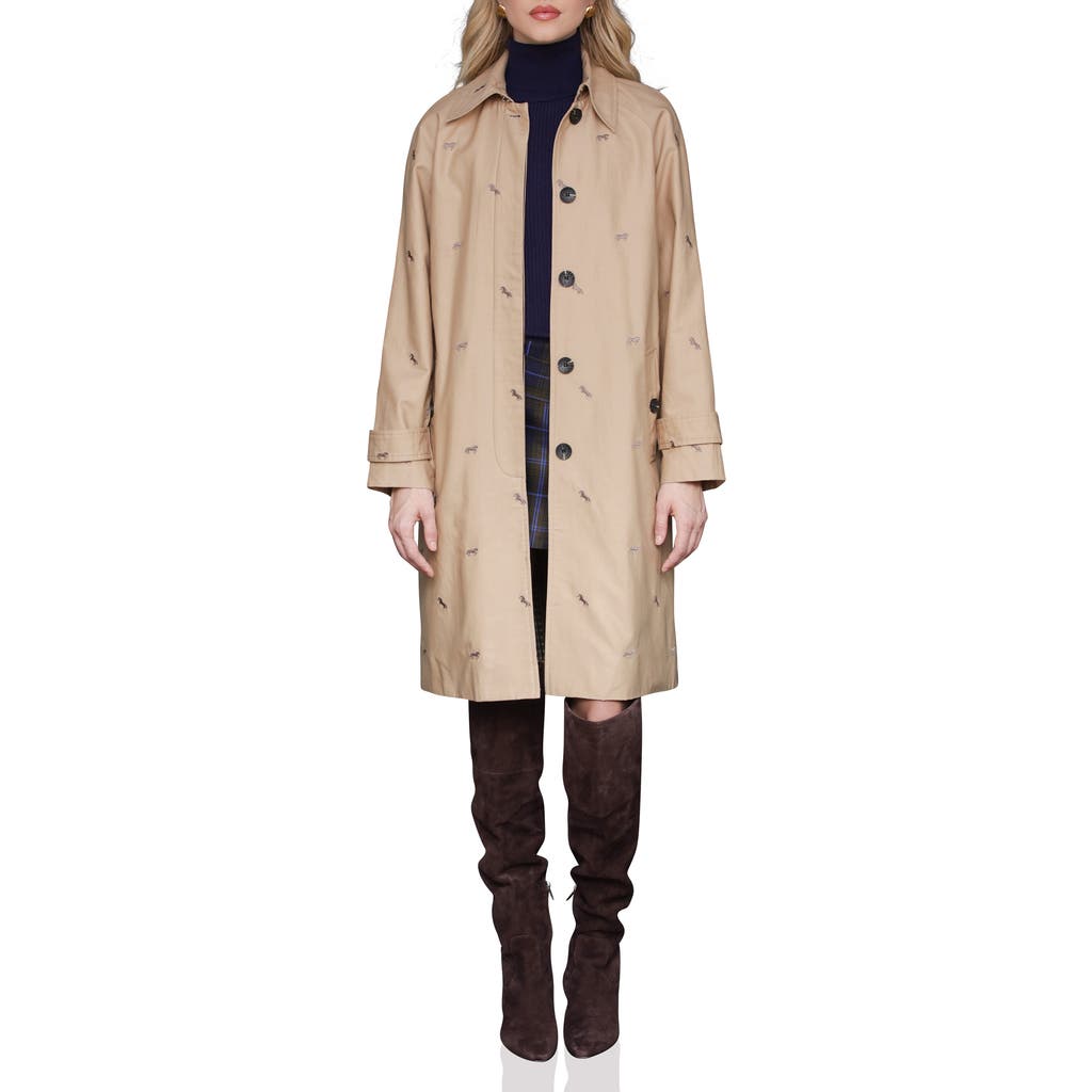 Avec Les Filles Equine Embroidered Cotton Blend Trench Coat in Khaki-Espresso Horse