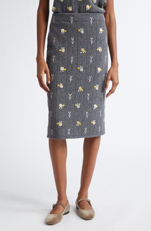 YanYan Daisy Embroidered Pointelle Knit Lambswool Skirt in Charcoal 