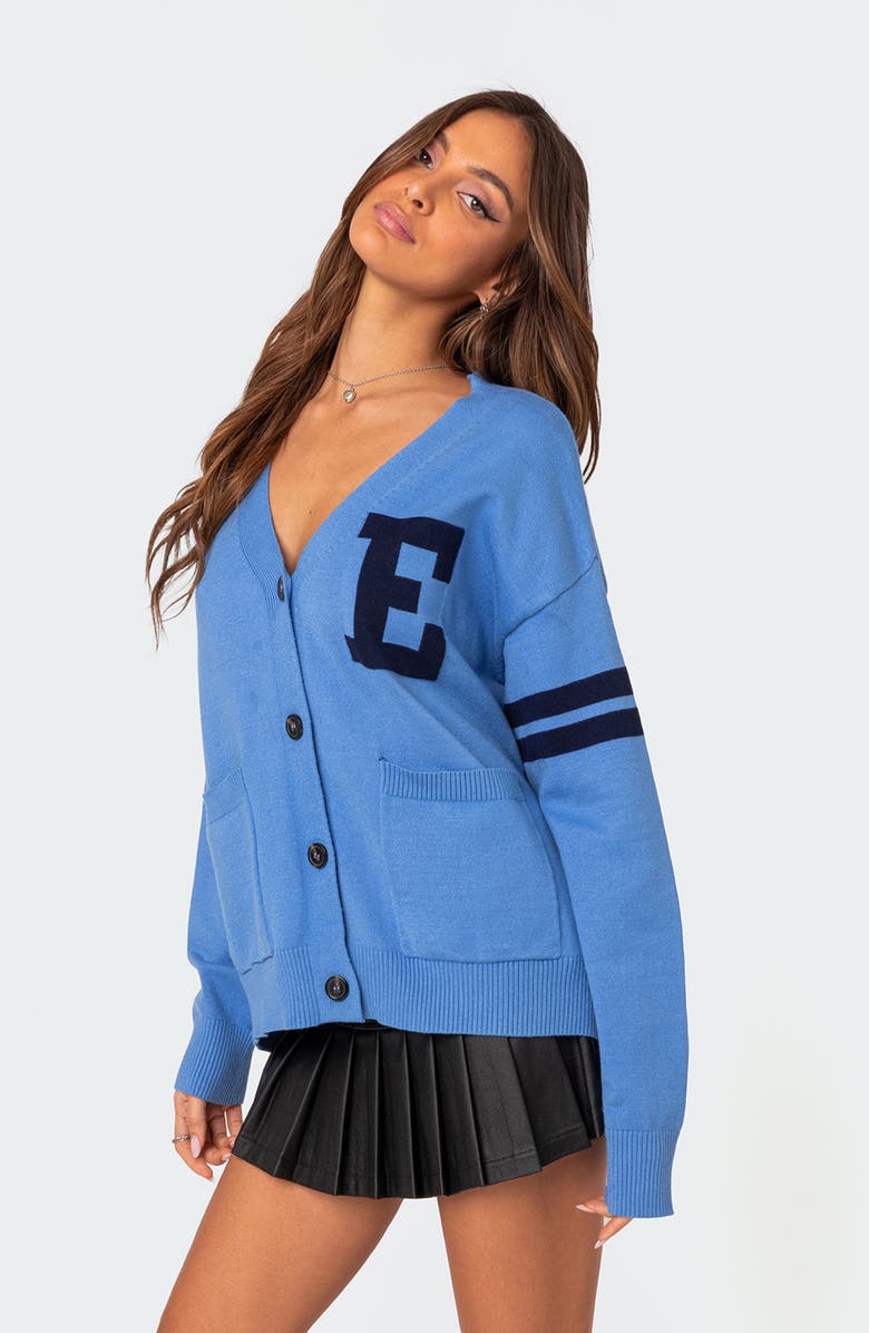 EDIKTED Emmett Oversized Varsity Cardigan, Alternate, color, Blue