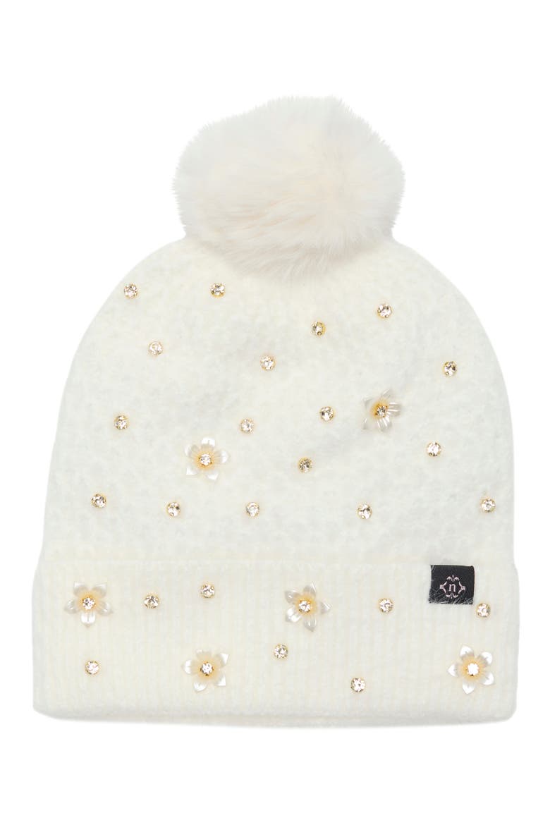 Stud Faux Fur Pom Beanie, Main, color, WHITE