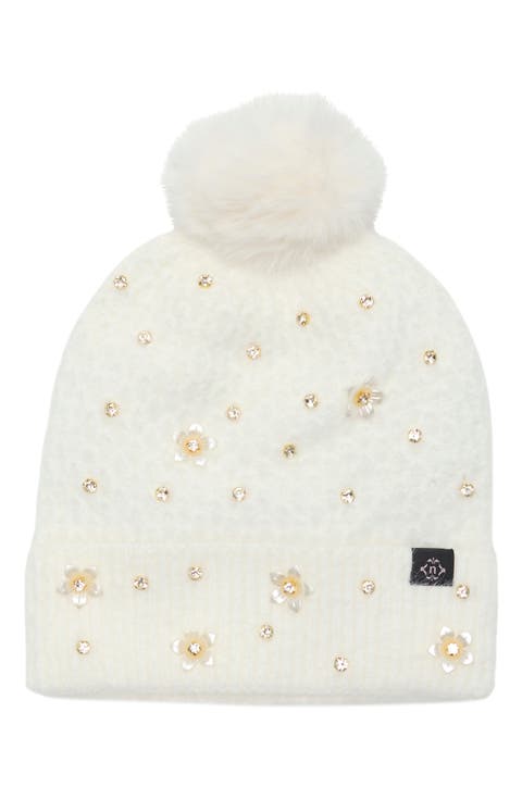 Stud Faux Fur Pom Beanie