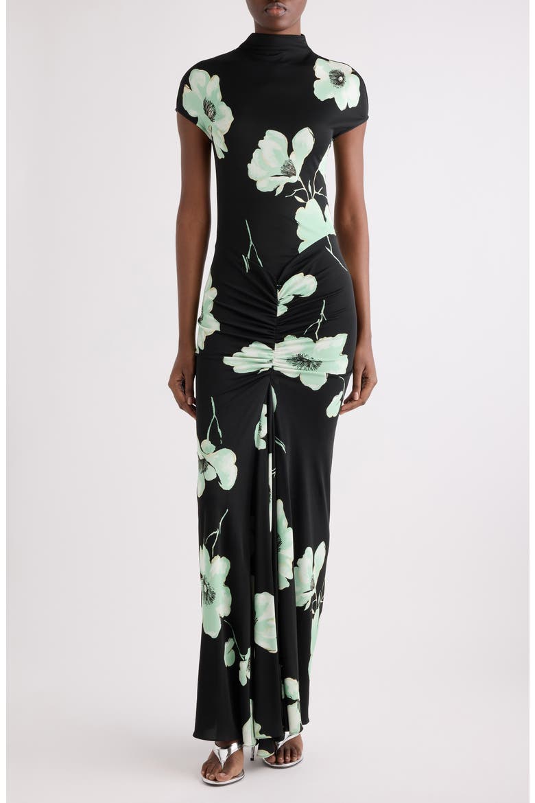 Floral Print Ruched Jersey Dress, Main, color, NOIR/ AQUA