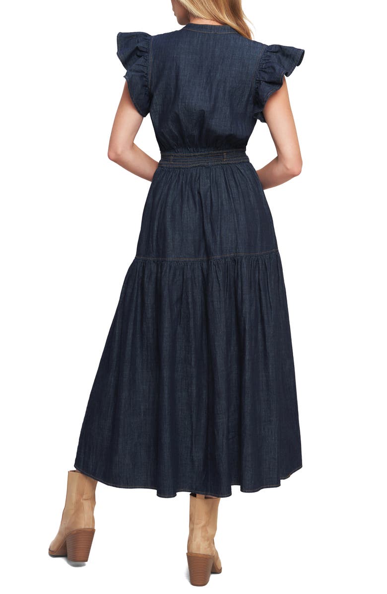 FLYING TOMATO Flutter Sleeve Denim Maxi Dress, Alternate, color, Dark Indigo