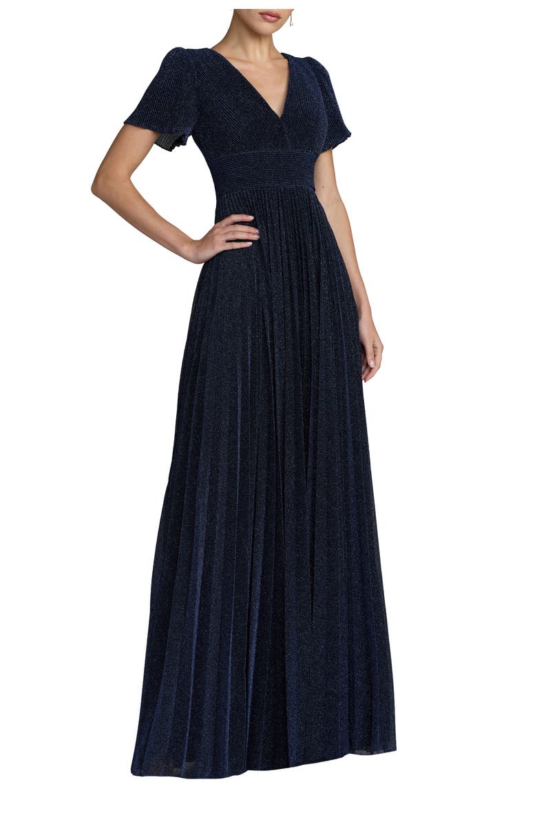 Mac Duggal Pleated Metallic Flutter Sleeve A Line Gown, Main, color, Midnight