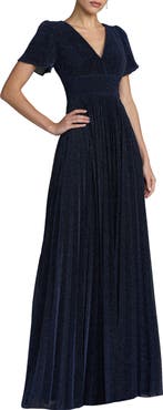 Mac Duggal Pleated Metallic Flutter Sleeve A Line Gown