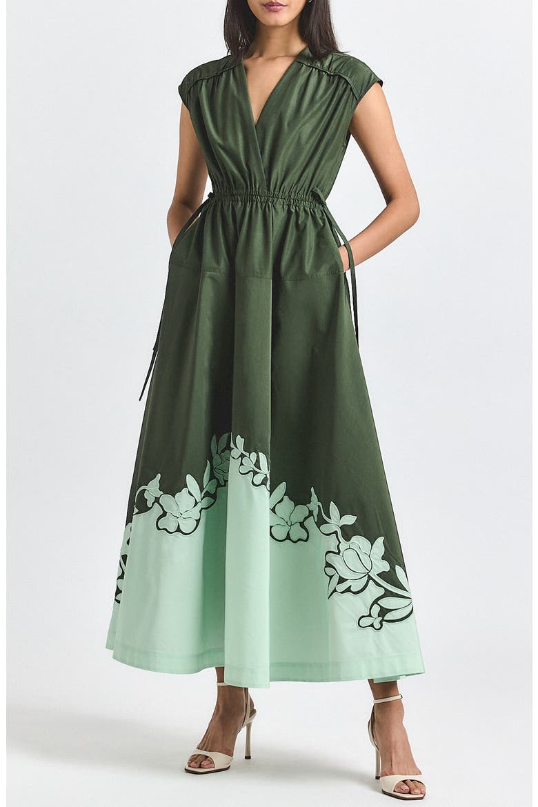 Nara Placed Floral Appliqué Poplin Dress, Main, color, FATIGUE-SEAFOAM