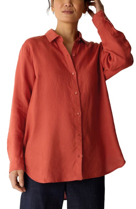 Classic Collar Organic Linen Long Button-Up Shirt (Regular & Petite)