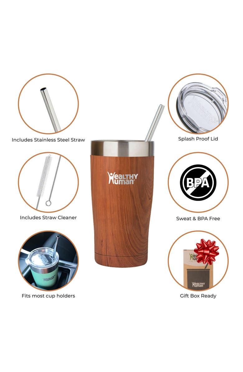 Healthy Human Stainless Steel Tumbler with Straw & Lid, 20 oz Natural Wood, Alternate, color, Brown