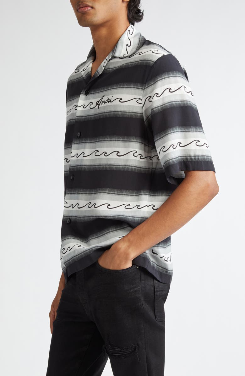 AMIRI Wave Baja Stripe Camp Shirt, Alternate, color, Black