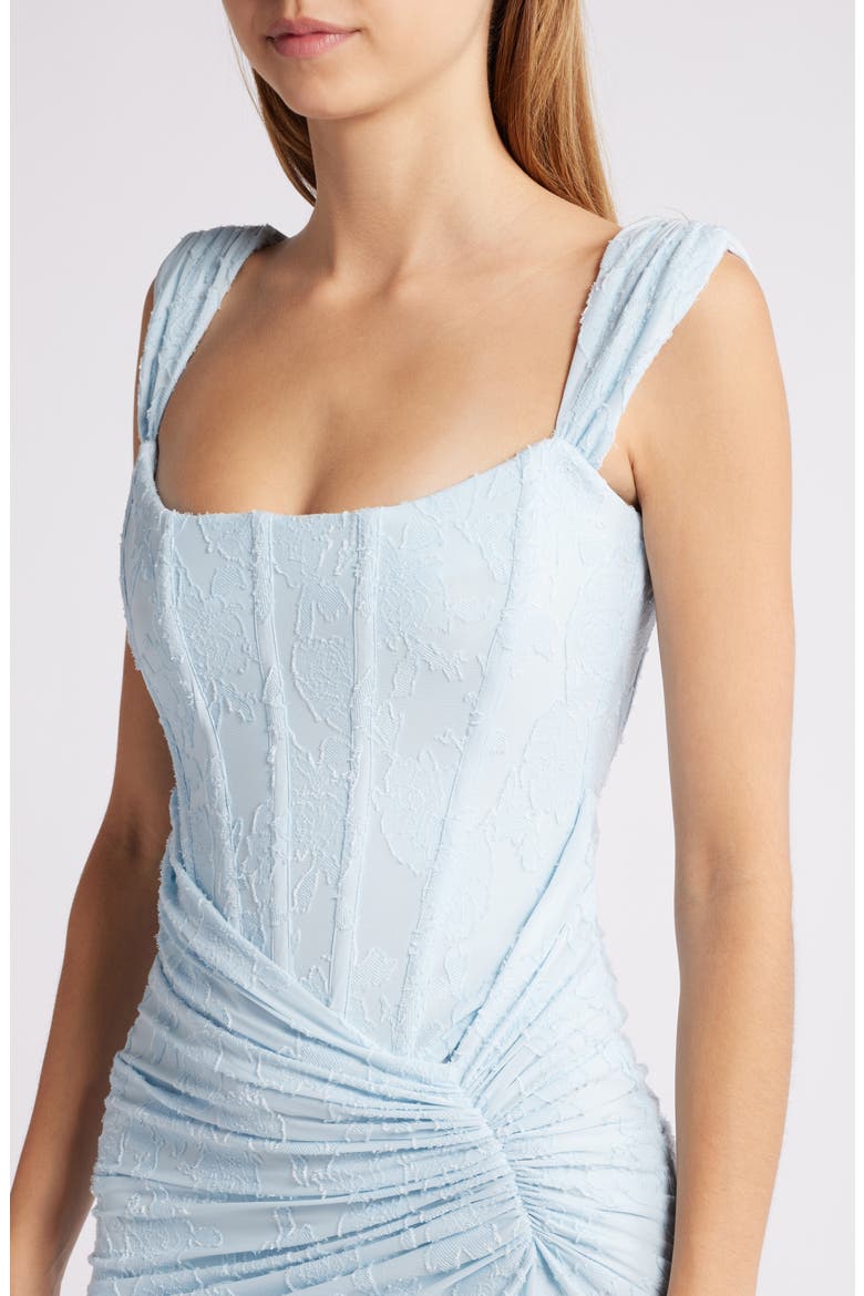 Cesca Floral Ruched High-Low Corset Dress, Alternate, color, SKYRIDE