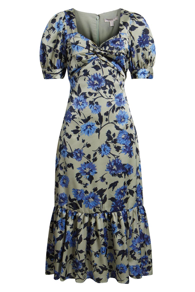 Twist Front Puff Sleeve Satin Midi Dress, Alternate, color, GREY- BLUE DAHLIA FLORAL