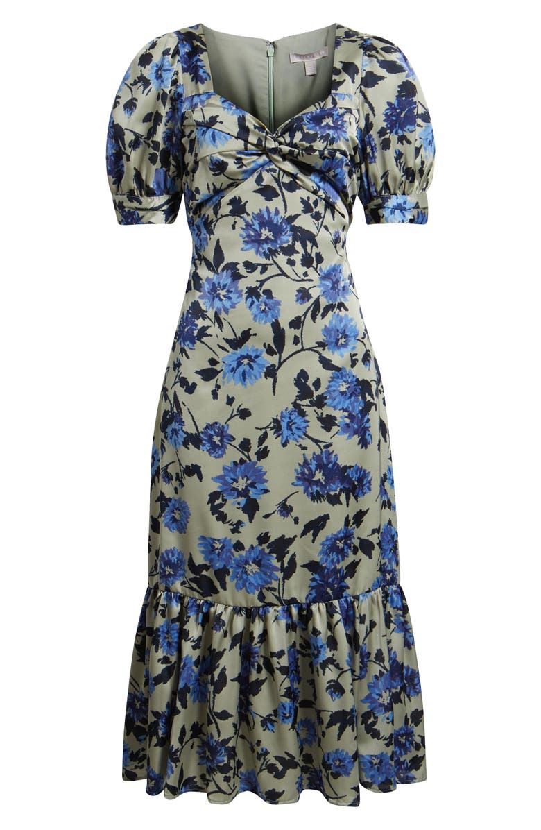 Chelsea28 Twist Front Puff Sleeve Satin Midi Dress, Alternate, color, Grey- Blue Dahlia Floral