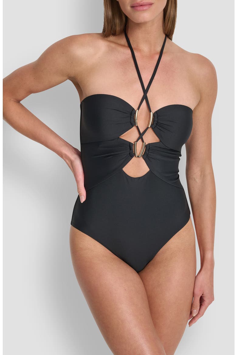Jeweled Cutout One-Piece Halter Swimsuit, Main, color, BLACK