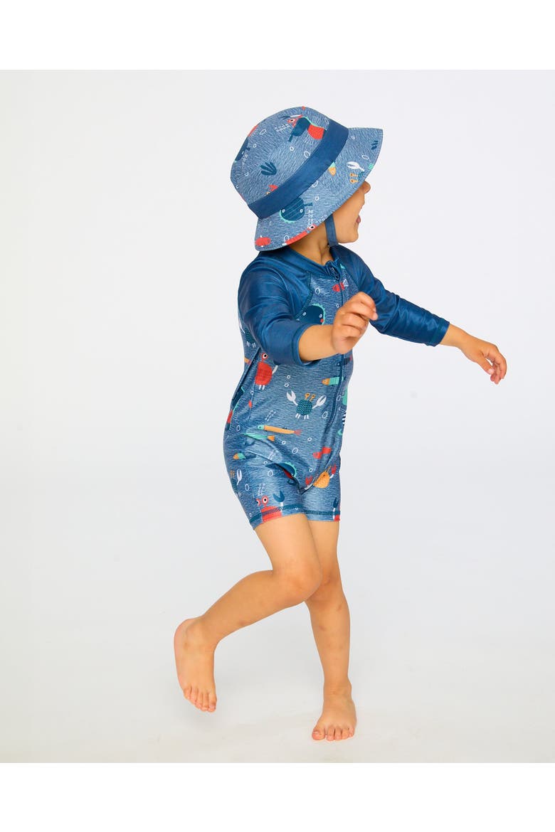 One-Piece Long Sleeve Marine Animals Rashguard, Alternate, color, Blue Printed Marine Animals