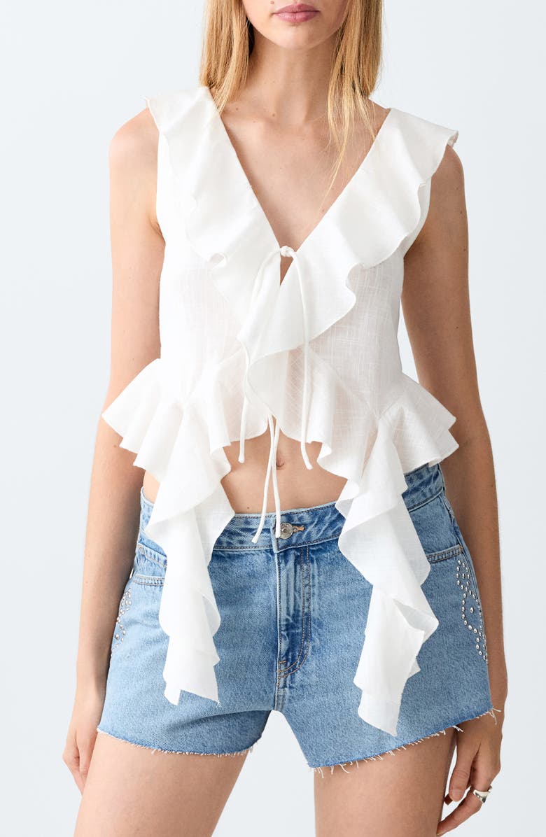MANGO TEEN Tie Front Ruffle Top, Main, color, Off White