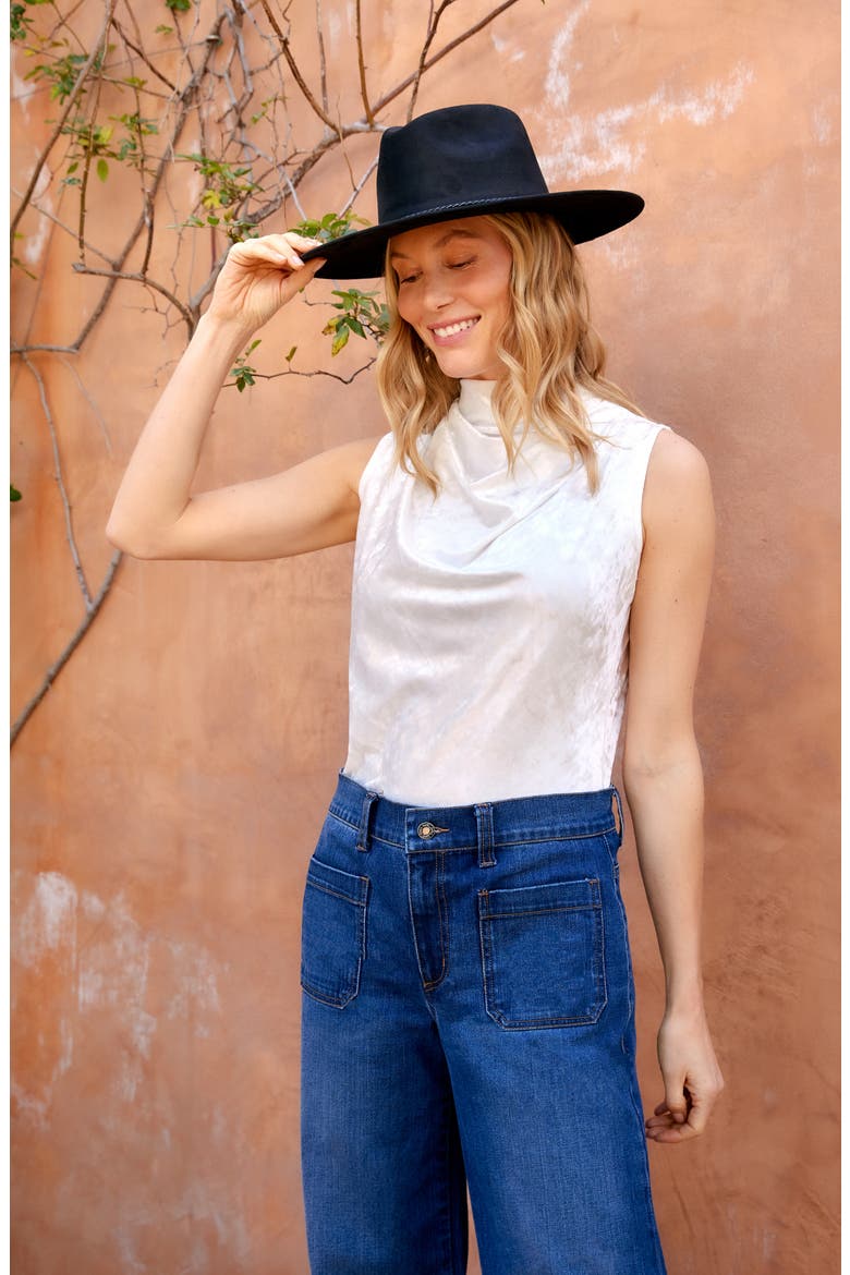 Crushed Velvet Top Funnel Neck Sleeveless Top, Alternate, color, OFF WHITE